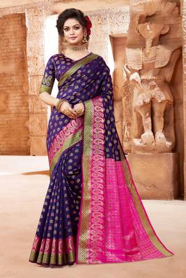 Purple embroidered silk saree with blouse 1