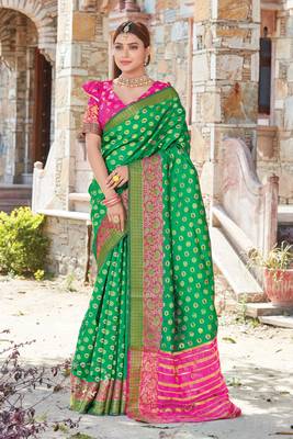 Green embroidered silk saree with blouse 1