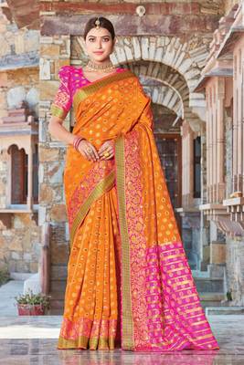 Orange embroidered silk saree with blouse 1