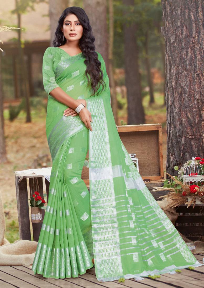 Green woven linen saree with blouse
