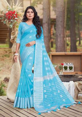 Sky blue woven linen saree with blouse 1