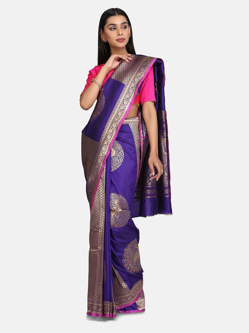 VASTRANAND  Purple & Gold-Coloured Silk Blend Woven Design Banarasi Saree