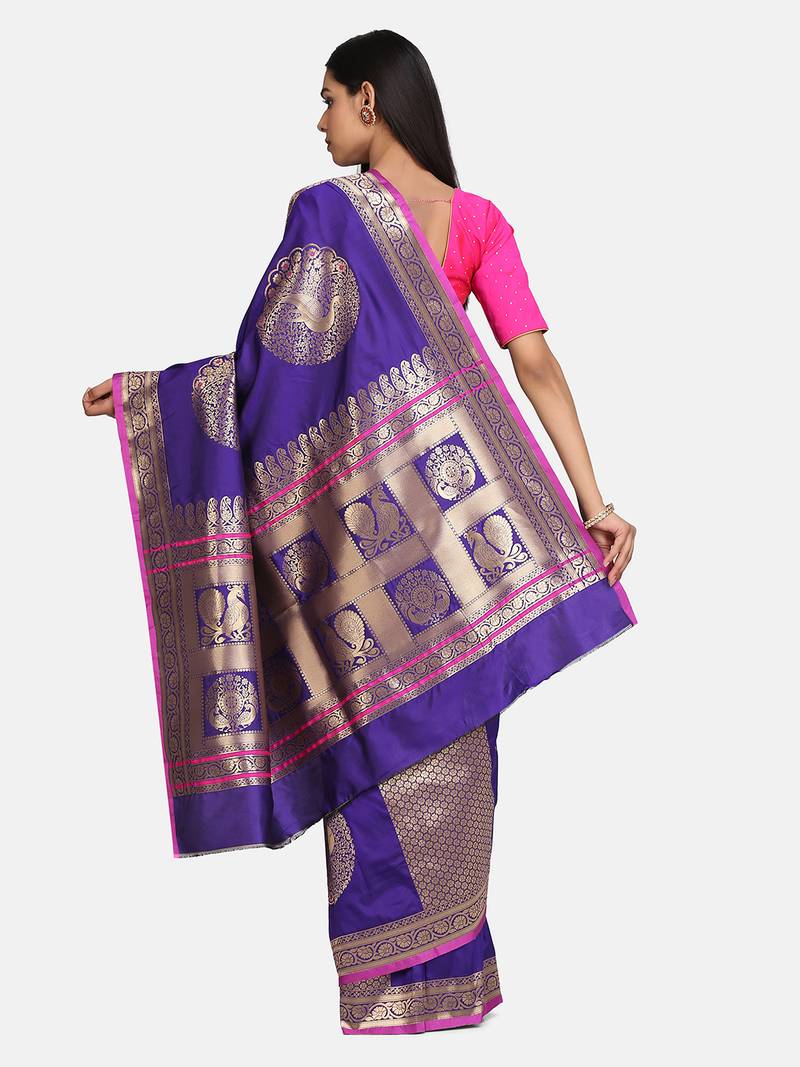 VASTRANAND  Purple & Gold-Coloured Silk Blend Woven Design Banarasi Saree