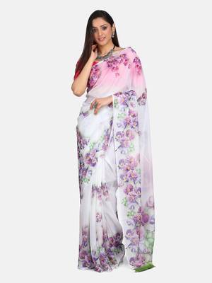 Vastranand White & Purple Floral Printed Silk Blend Saree 1