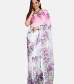Vastranand White & Purple Floral Printed Silk Blend Saree