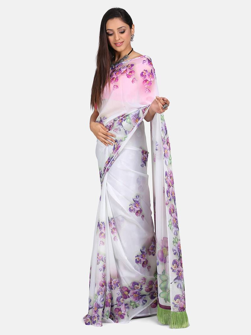 Vastranand White & Purple Floral Printed Silk Blend Saree