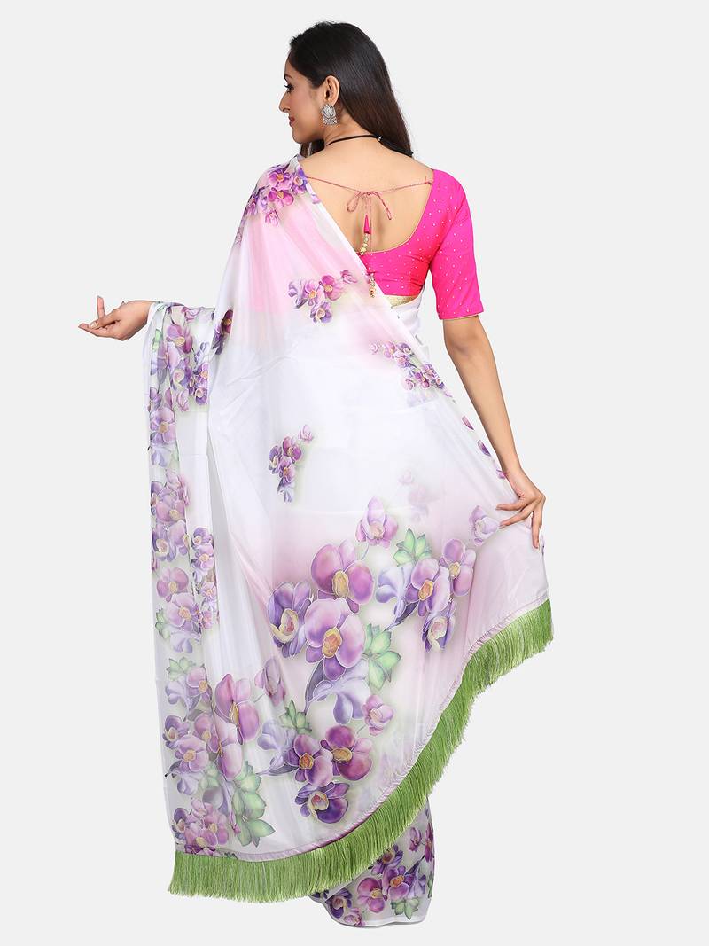 Vastranand White & Purple Floral Printed Silk Blend Saree