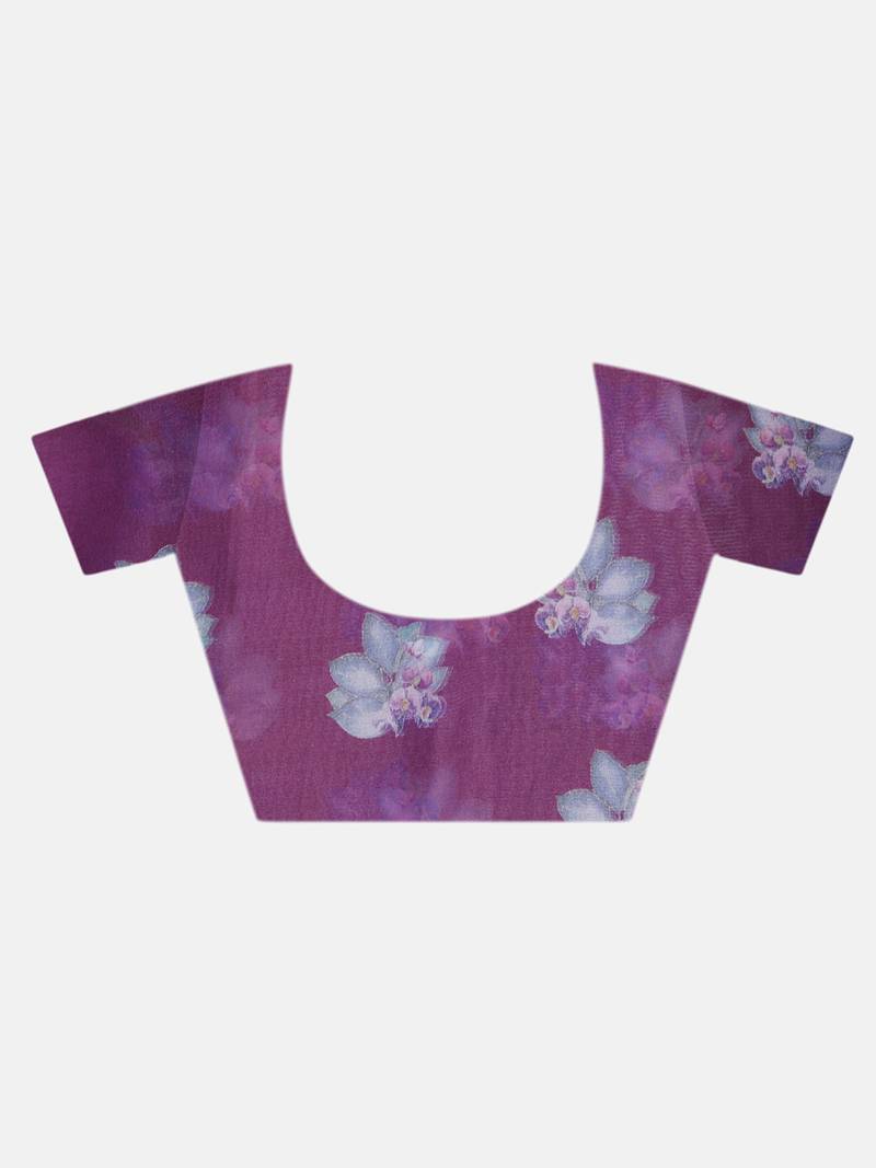 Vastranand White & Purple Floral Printed Silk Blend Saree