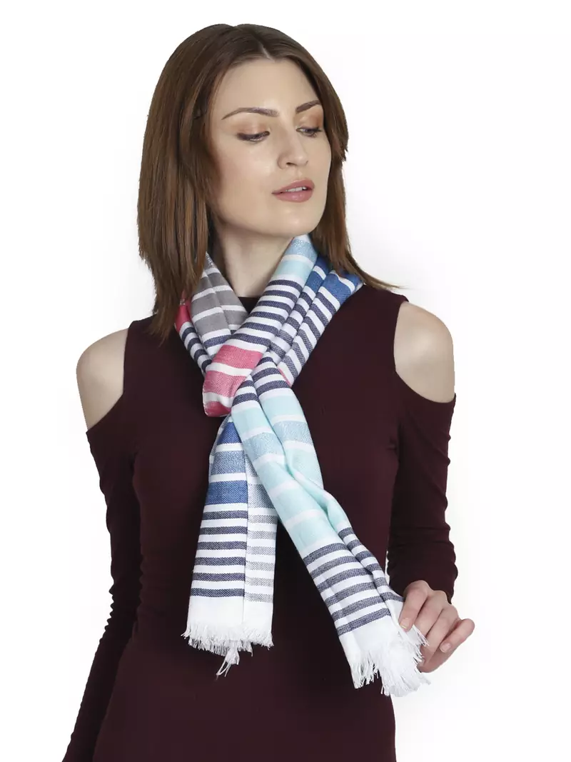 Anekaant White & Multi Woven Striped Viscose Lurex Stole