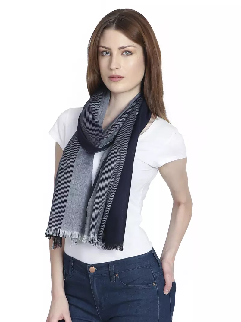 Anekaant Navy & Grey Colorblocked Striped Viscose Rayon Stole
