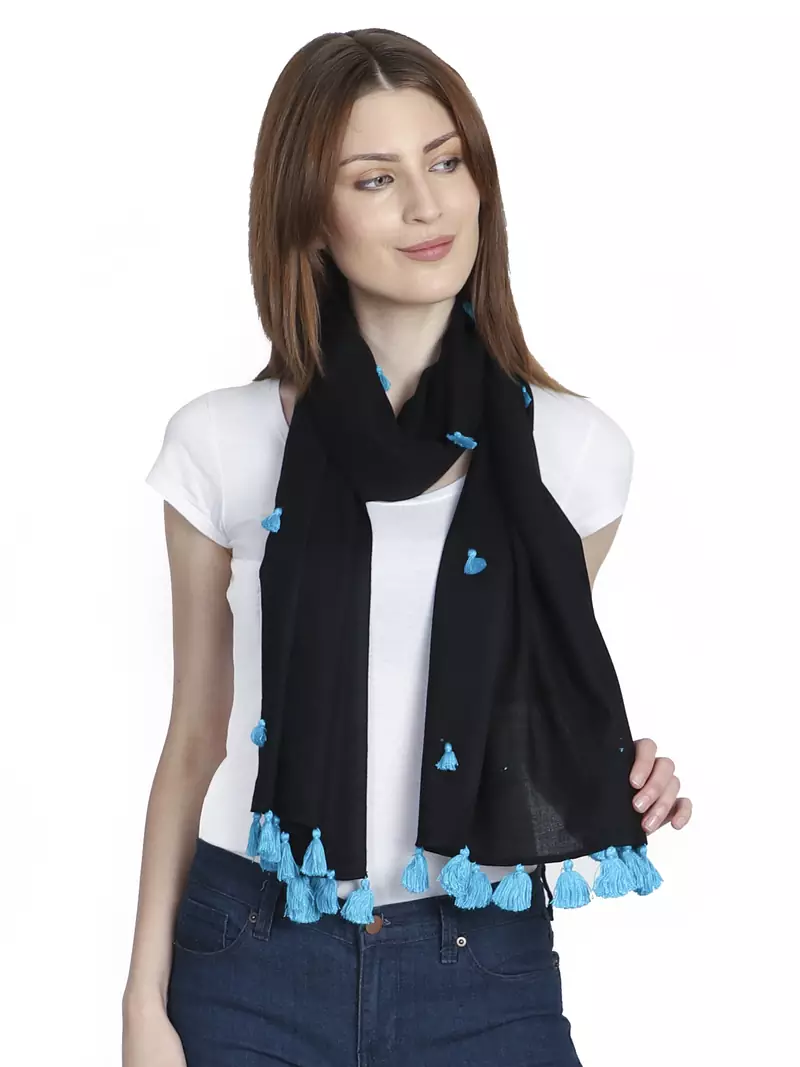 Anekaant Black & Turquoise Solid Viscose Rayon Stole