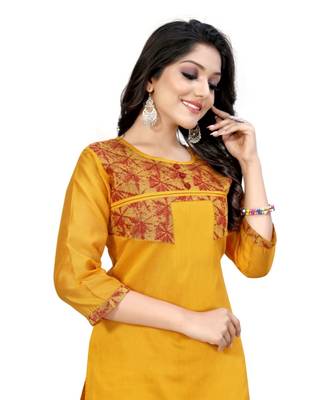mustard chanderi 3/4th sleeves solid women kurta 3