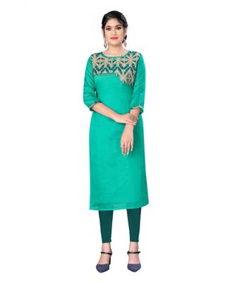 Green chanderi 3/4th sleeves solid women kurta 1