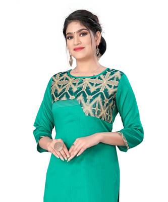Green chanderi 3/4th sleeves solid women kurta 3