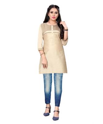 Cream chanderi 3/4th sleeves solid women kurta 1