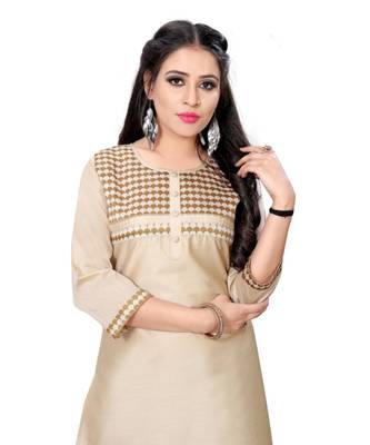 Cream chanderi 3/4th sleeves solid women kurta 4