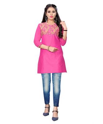 Pink chanderi 3/4th sleeves solid women kurta 1