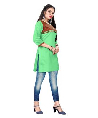 Green chanderi 3/4th sleeves solid women kurta 2