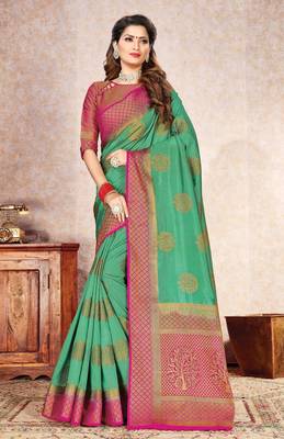 Green woven nylon saree with blouse 1