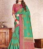 Green woven nylon saree with blouse