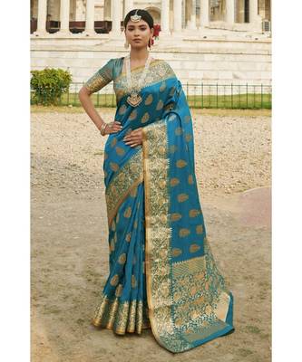 Sky Blue Silk Woven Work Traditional Saree 1
