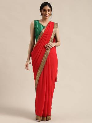 Red plain faux chiffon saree with blouse 1
