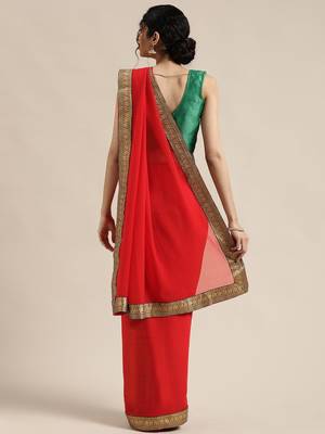 Red plain faux chiffon saree with blouse 2
