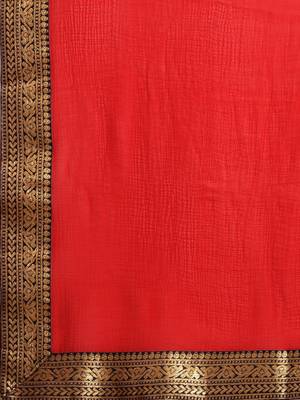 Red plain faux chiffon saree with blouse 4