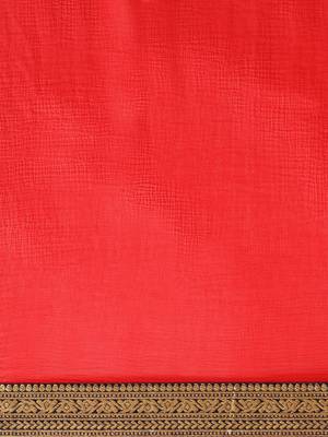 Red plain faux chiffon saree with blouse 5