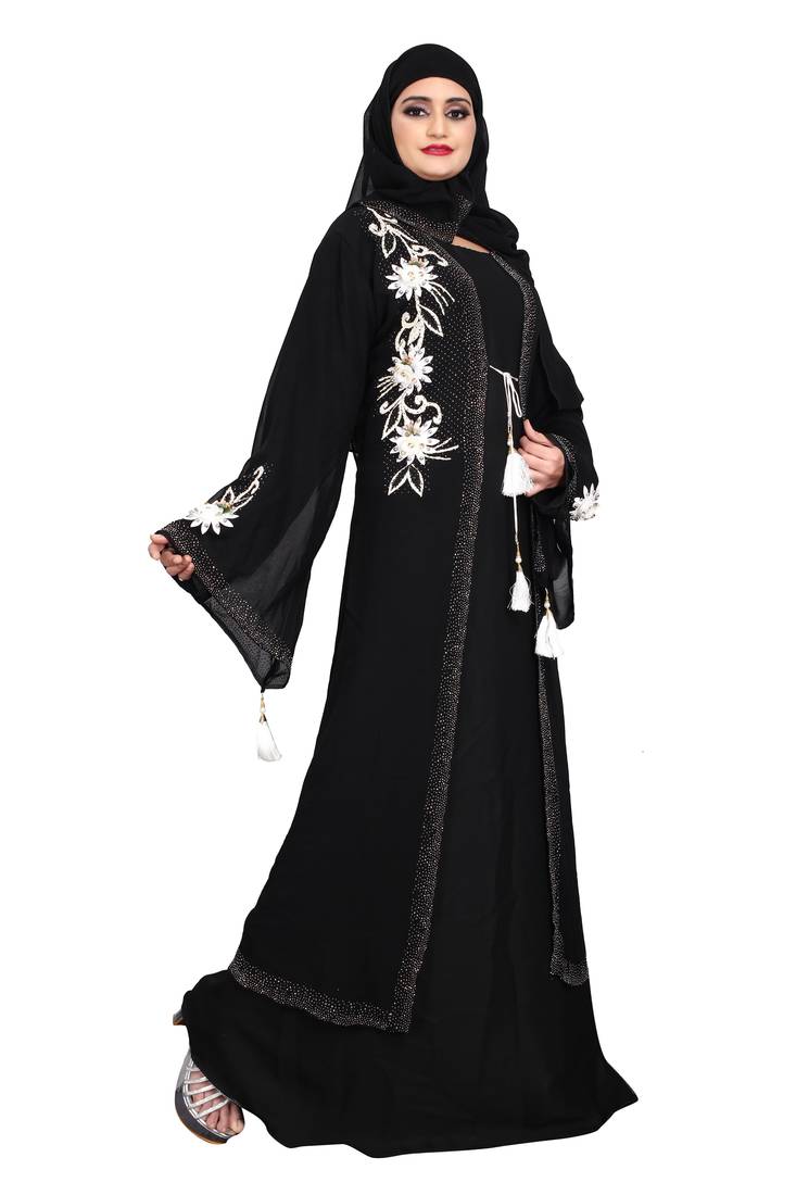 Women's georgett white flowers designer koty four side heavy diamond boder with hevey scarf