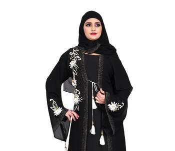 Women's georgett white flowers designer koty four side heavy diamond boder with hevey scarf 4