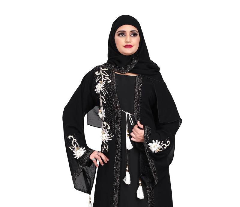 Women's georgett white flowers designer koty four side heavy diamond boder with hevey scarf