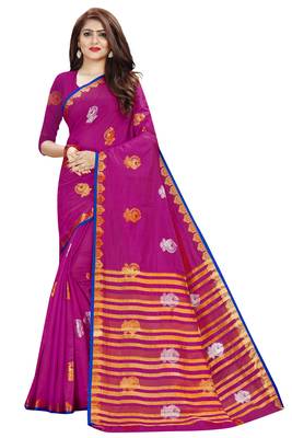 Rani pink color tusser woven silk saree with blouse 1