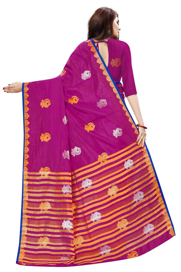 Rani pink color tusser woven silk saree with blouse