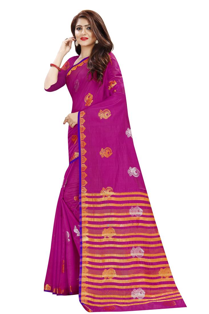 Rani pink color tusser woven silk saree with blouse