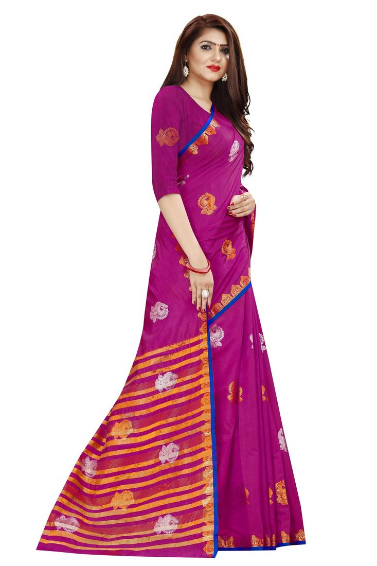 Rani pink color tusser woven silk saree with blouse