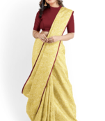 Buff Floral Block Printed Handloom Malmal Cotton Saree