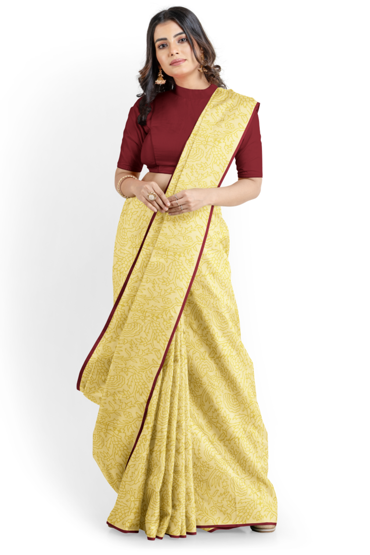Buff Floral Block Printed Handloom Malmal Cotton Saree