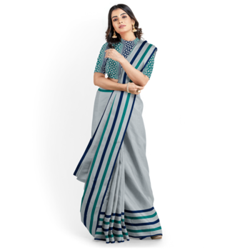 Grey Color Floral Block Printed Handloom Malmal Cotton Saree 1