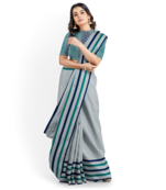 Grey Color Floral Block Printed Handloom Malmal Cotton Saree