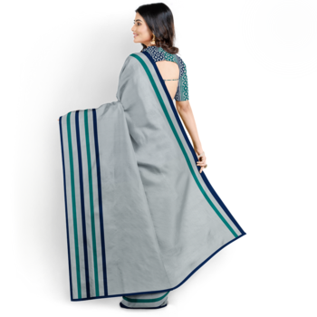 Grey Color Floral Block Printed Handloom Malmal Cotton Saree 2