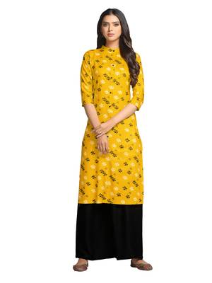 Mustard printed cotton long-kurtis 1