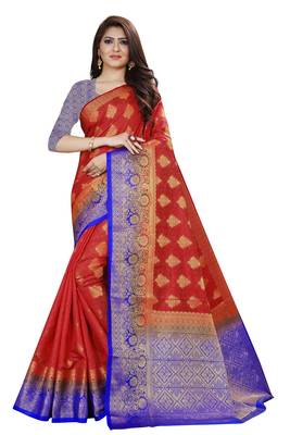 Red color woven tusar silk saree with blouse 1