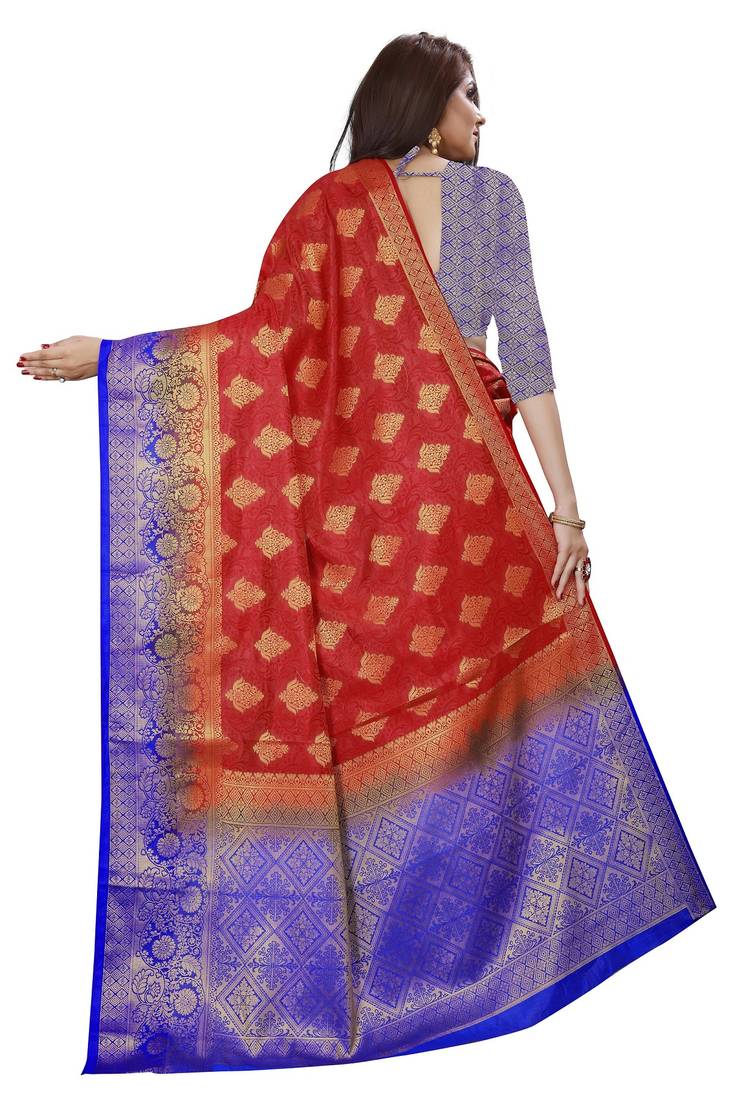 Red color woven tusar silk saree with blouse