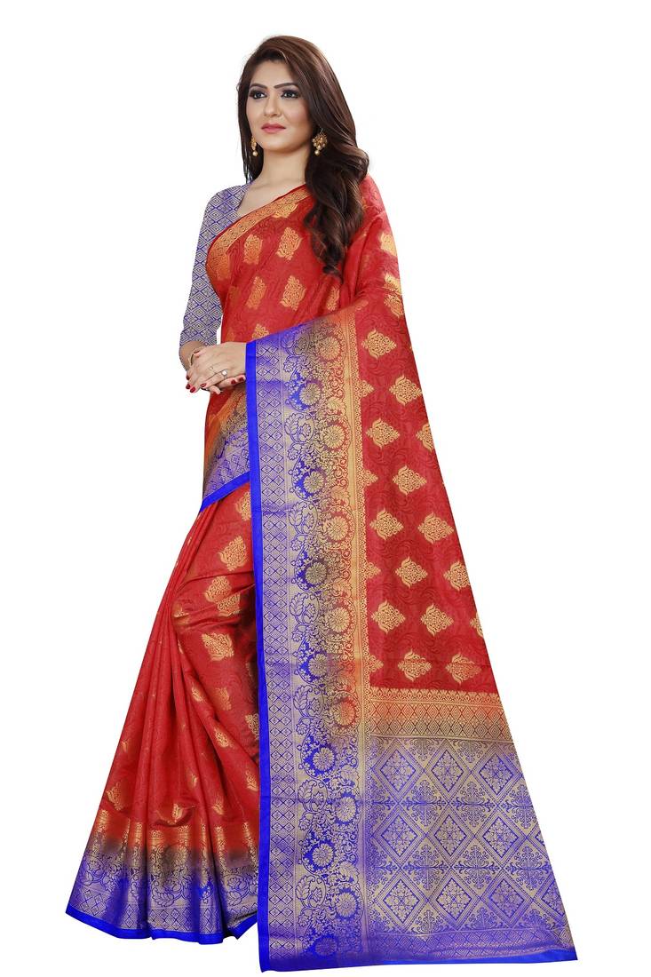 Red color woven tusar silk saree with blouse
