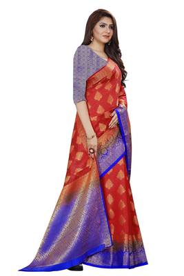 Red color woven tusar silk saree with blouse 4