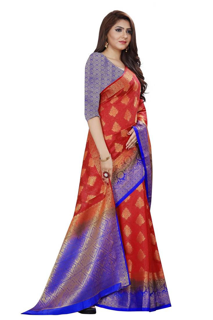Red color woven tusar silk saree with blouse