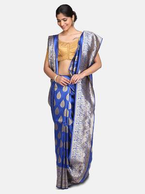 Royal Blue Jacquard Cotton Printed Saree With Blouse 1