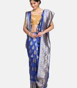 Royal Blue Jacquard Cotton Printed Saree With Blouse