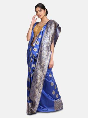 Royal Blue Jacquard Cotton Printed Saree With Blouse 3